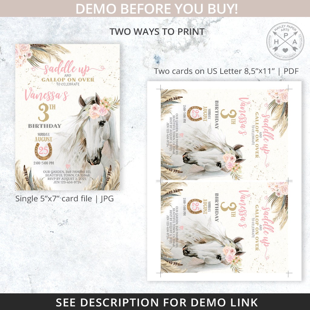 Horse Cowgirl Birthday Invitation Party Floral Girl Pony Watercolor ...