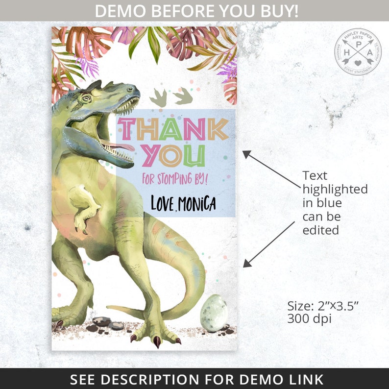 Dinosaur thank you favor gift tag third three rex dino-mite T-Rex girl birthday thanks rectangular label. Editable printable. 137HPA 09 A image 3