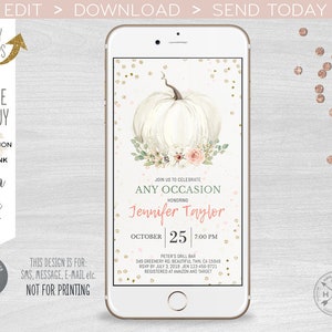 White little pumpkin electronic baby shower fall invitation blush pink smartphone e-vite, digital invite. Selfediting. 400HPA E002 AO 002HPA