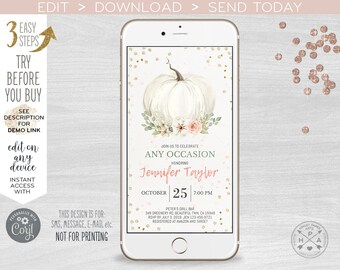 White little pumpkin electronic baby shower fall invitation blush pink smartphone e-vite, digital invite. Selfediting. 400HPA E002 AO 002HPA