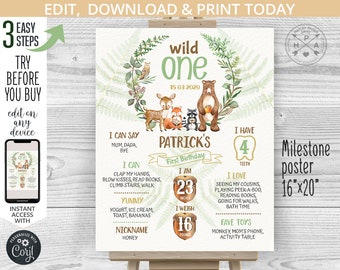 May include: A green and brown illustrated milestone poster for a first birthday. The poster features a woodland theme with a bear, fox, deer, and raccoon. The poster includes the child's name, Patrick, and the date of their birthday, 15.03.2020. The poster also includes details about the child's development, such as their height, weight, and the number of teeth they have. The poster is 40.6 cm by 50.8 cm.