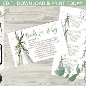 TeePee boek verzoek kaart invoegen baby shower tee pee partij boho wilde jongen boeken groen eucalyptus tent. Direct bewerkbare afdrukbare 130HPA B2
