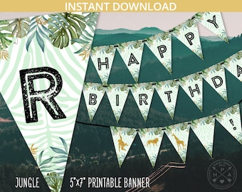 Happy Birthday banner jungle safari animals wild one first birthday printable 1st party garland gold zoo. DIY instant download. 040HPA 14 D