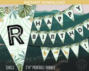 Peut inclure: Bannière d'anniversaire imprimable sur le thème de la jungle avec des drapeaux triangulaires verts et blancs. Les drapeaux ont un motif de feuilles de jungle et disent "Joyeux anniversaire !" en texte noir. La bannière mesure 12,7 cm sur 17,8 cm.