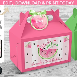EDITABLE Watermelon gable gift box labels and tags. Handle favor takeway box stickers one in a melon birthday. Instant download. 050HPA 28 B