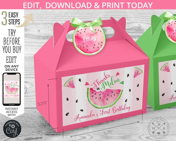 EDITABLE Watermelon gable gift box labels and tags. Handle favor takeway box stickers one in a melon birthday. Instant download. 050HPA 28 B Il_570xn