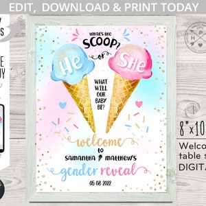 Puede incluir: Un cartel de fiesta de revelaci&oacute;n de g&eacute;nero con un dise&ntilde;o de cono de helado azul y rosa. El cartel dice "What's the scoop? He or She?" y "Welcome to Samantha & Matthew's Gender Reveal 05 08 2022".