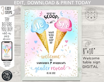Ice cream what's the he or she scoop welcome sign gender reveal shower 8x10 sign. Blue pink. Editable printable. 163HPA 08