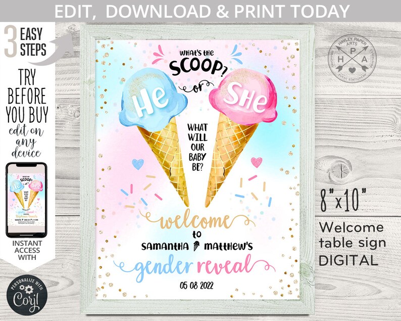 Puede incluir: Un cartel de fiesta de revelaci&oacute;n de g&eacute;nero con un dise&ntilde;o de cono de helado azul y rosa. El cartel dice "What's the scoop? He or She?" y "Welcome to Samantha & Matthew's Gender Reveal 05 08 2022".