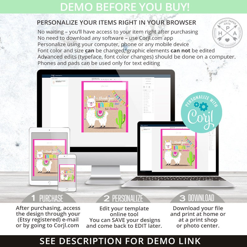 May include: A digital product design displayed on a computer, tablet, and phone. The design features a llama illustration with text that reads "Thank you for being a whole llama fun!" and a cactus. The image includes instructions for purchase, personalization, and download.
