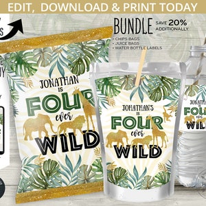 BUNDLE Jungle Four ever Wild chips bag, juice bags, safari water bottle labels, treat chip pouch fourth birthday. Online template. 040HPA 45 image 1