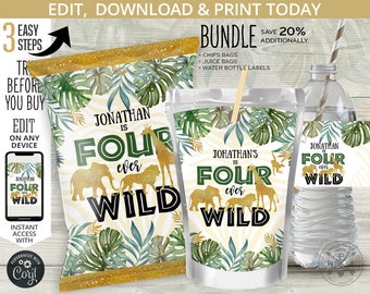 BUNDLE Jungle Four ever Wild chips bag, juice bags, safari water bottle labels, treat chip pouch fourth birthday. Online template. 040HPA 45
