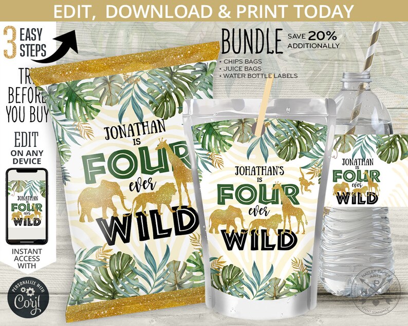 BUNDLE Jungle Four ever Wild chips bag, juice bags, safari water bottle labels, treat chip pouch fourth birthday. Online template. 040HPA 45 image 1