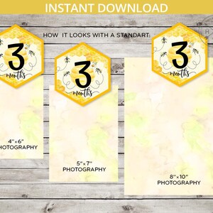 May include: Three printable baby milestone cards with a honeycomb and bee design. The cards show the number "3" with the text "months" below. The cards are shown in three different sizes: 4x6 inches, 5x7 inches, and 8x10 inches.