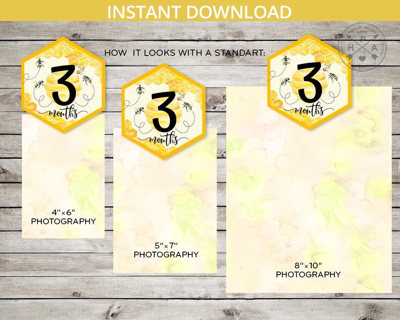 May include: Three printable baby milestone cards with a honeycomb and bee design. The cards show the number "3" with the text "months" below. The cards are shown in three different sizes: 4x6 inches, 5x7 inches, and 8x10 inches.