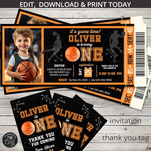 Invitation et étiquette de billet de premier anniversaire de sports de basket-ball BUNDLE boy ONE activités de temps de jeux de ballon de fête. Modèle de carte modifiable. 218 HPA 60 A