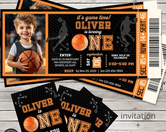 Basketball sports first birthday ticket invitation & tag BUNDLE boy ONE party ball games time activities. Editable card design. 218HPA 60 A