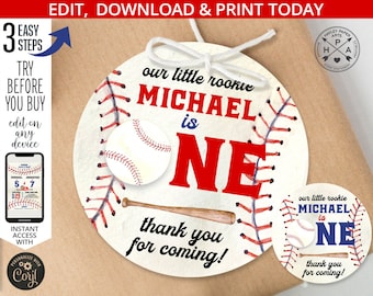 Baseball thank you tag. Baseball little rookie ONE round tag 3x3. Sports party labels. Red navy blue ball boy party favor tag. 191HPA 17 G