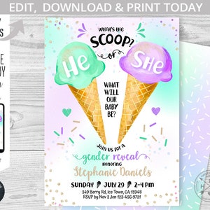 May include: A gender reveal invitation featuring watercolor ice cream cones. One cone has mint green ice cream with "He," the other has purple ice cream with "She." The invitation includes event details and the text "What's the Scoop?"