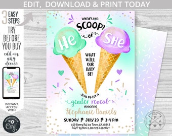 Ice cream gender reveal what's the scoop girl or boy baby shower 5x7 green mint purple lilac script invitation Editable printable. 162HPA 01