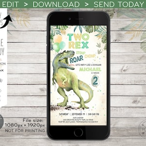 May include: A digital invitation for a dinosaur themed birthday party. The invitation features a green dinosaur with the text "Two Rex Stomp Roar Chomp" and "Let's Party Like a Dinosaur". The invitation is for Michael's 2nd birthday.