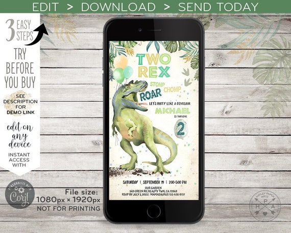 Two Rex dinosaur electronic invitation dino boy second 2nd dino-mite birthday sms smartphone e-vite, digital invite. E141 01 141HPA Il_570xn