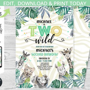 May include: A two-sided invitation for a second birthday party, featuring a jungle theme with watercolor illustrations of animals like a zebra, giraffe, and elephant. The text reads "TWO wild" and includes party details.