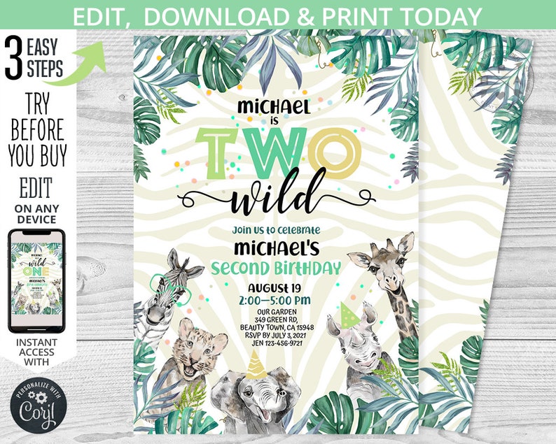 May include: A two-sided invitation for a second birthday party, featuring a jungle theme with watercolor illustrations of animals like a zebra, giraffe, and elephant. The text reads "TWO wild" and includes party details.