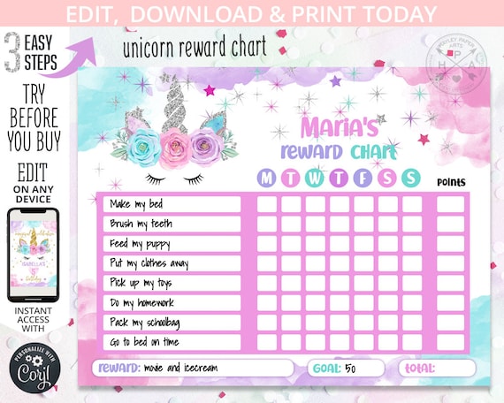 Unicorn reward chart for girls kids behaviour daily chore charts daily routine pink purple winter silver. Editable template. 405hpa 064 E Il_570xn