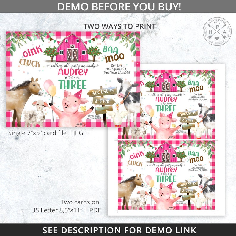 Farm animals invitation girl pink barn party cow, pig, sheep, cowgirl cowboy country rodeo. Printable editable template. Digital. 150HPA 02 image 4