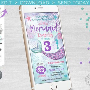 May include: A digital invitation for a 3rd birthday party with a mermaid theme. The invitation features a watercolor illustration of a mermaid with a purple tail and a pink seashell. The text on the invitation reads "Splish Splash it's a birthday bash! Our Little Mermaid Isabella is turning 3. August 23, Saturday. 2:00-5:00 PM Please join us Under the Sea 349 Ocean Rd. River Town, CA 15948 RSVP by Nov 3, 2019 Jen 123-456-9721"