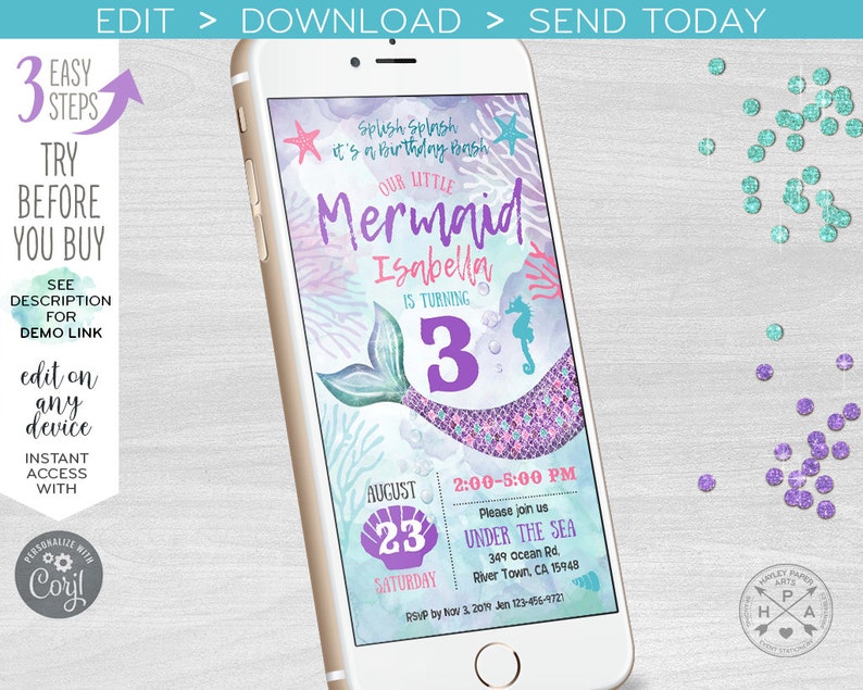 May include: A digital invitation for a 3rd birthday party with a mermaid theme. The invitation features a watercolor illustration of a mermaid with a purple tail and a pink seashell. The text on the invitation reads "Splish Splash it's a birthday bash! Our Little Mermaid Isabella is turning 3. August 23, Saturday. 2:00-5:00 PM Please join us Under the Sea 349 Ocean Rd. River Town, CA 15948 RSVP by Nov 3, 2019 Jen 123-456-9721"