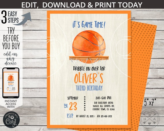 Basketball sports birthday invitation all stars boy party invite ball games time activities party. Editable card design. 219HPA 02 Il_570xn