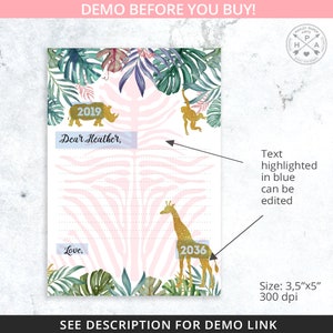 K&ouml;nnte beinhalten: Ein druckbarer digitaler Download einer Briefvorlage mit einem rosa-wei&szlig;en Zebra-Muster und goldenen Glitzerakzenten. Die Vorlage zeigt Dschungelbl&auml;tter, ein Nashorn, einen Affen und eine Giraffe. Der Text "2019" und "2036" ist auf der Vorlage enthalten. Der Text "Liebe Heather" und "Liebe" ist in Blau hervorgehoben.