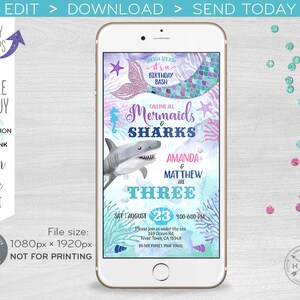 May include: A digital invitation for a mermaid and shark themed birthday party. The invitation features a mermaid and a shark swimming in the ocean. The text on the invitation reads "Calling all Mermaids & Sharks Amanda & Matthew are Three Sat August 23 400-600 PM Please join us under the sea 349 Ocean Rd, River Town, CA 15948 Do not forget your towel".