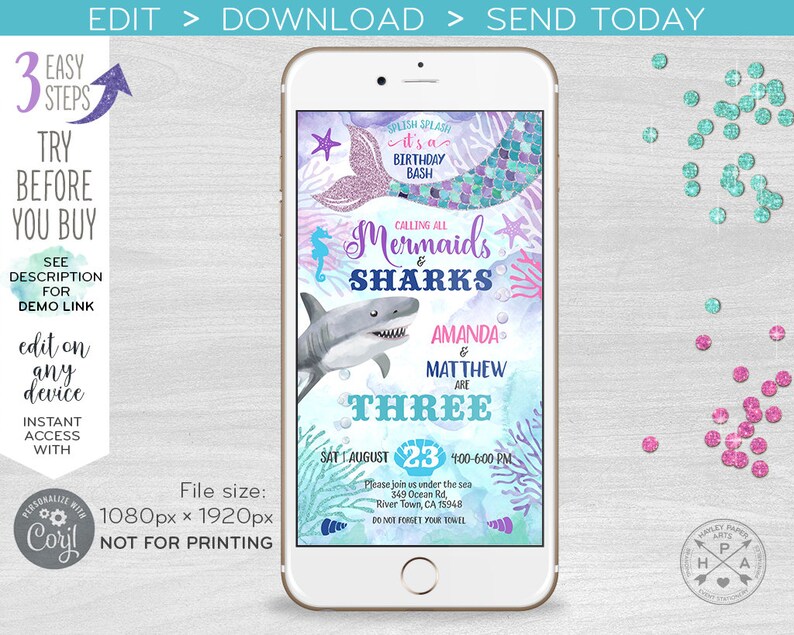 May include: A digital invitation for a mermaid and shark themed birthday party. The invitation features a mermaid and a shark swimming in the ocean. The text on the invitation reads "Calling all Mermaids & Sharks Amanda & Matthew are Three Sat August 23 400-600 PM Please join us under the sea 349 Ocean Rd, River Town, CA 15948 Do not forget your towel".