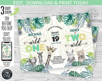 Safari joint party Wild boy ONE boy TWO birthday invitation first 1st 2nd jungle brothers animals greenery. Editable printables. 124HPA 64