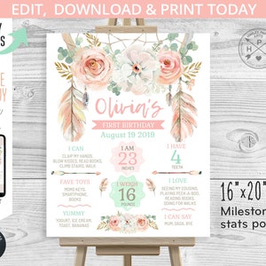 May include: A pink and green printable milestone poster for a first birthday. The poster features a floral design with feathers and an arrow. It includes the child's name, age, height, weight, and other milestones. The poster is 16 inches by 20 inches.