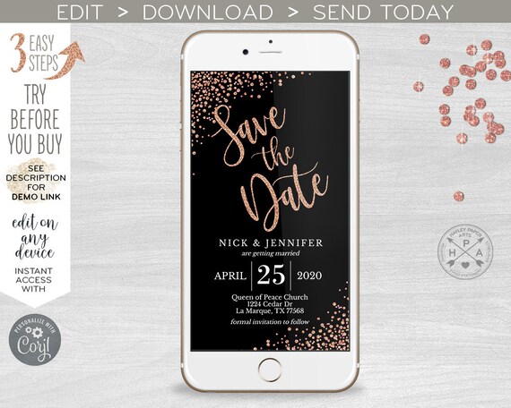 Save the Date digital rose gold confetti invitation script handwritten smartphone message electronic invite. Instant download. 400HPA E22 Il_570xn