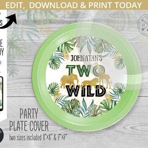 Jungle Two Wild charger plate label, personalized cover. Safari animals printable party labels. Instant access to the printable. 040HPA 55 B