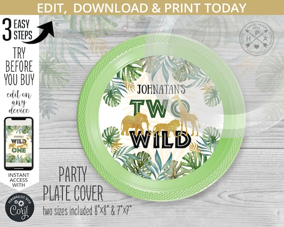 Jungle Two Wild charger plate label, personalized cover. Safari animals printable party labels. Instant access to the template. 040HPA 55 B Il_570xn
