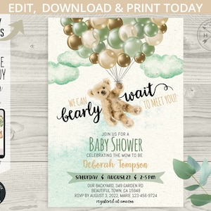 Bear baby shower invitation, bearly wait hot air balloon green gold ivory flying vintage teddy bear balloons invite. Editable. 194HPA 05