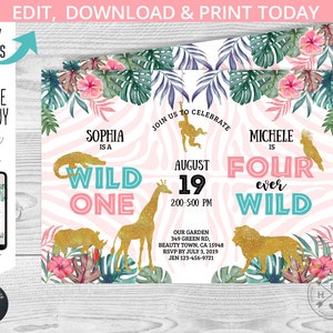 Jungle joint Wild ONE FOUR aver Wild birthday invitation safari dual sisters girls siblings party animals. Editable printable. 041HPA 62 image 1
