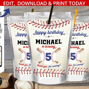 Baseball saft beutel etikett, saftbeutel aufkleber, Sport saftbeutel, geburtstag jede alter Rookie dekoration. Bearbeitbarer Download. 191HPA 31 A
