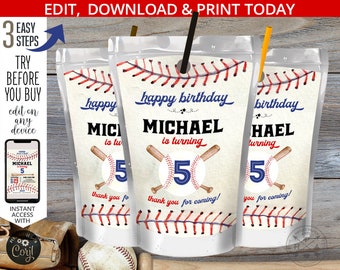 May include: A printable juice box template with a baseball theme. The template features a red, white, and blue baseball design with the text "happy birthday" and "Michael is turning 5".