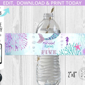Célébration d'anniversaire d'étiquette de bouteille d'eau de queue de sirène sous la fête de fille de paillettes violettes de mer. Modèle modifiable. Téléchargement instantané. 060HPA 19