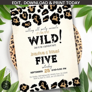 Cheetah jungle wild party animals birthday invitation black brown safari leopard print. Editable template printables. 292HPA 02