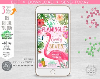 Let's Flamingle electronic birthday flamingo invitation any age seventh tropical party smartphone e-vite digital selfediting. E044 09 044HPA