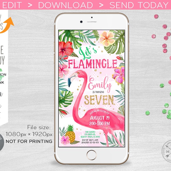 Let's Flamingle electronic birthday flamingo invitation any age seventh tropical party smartphone e-vite digital selfediting. E044 09 044HPA