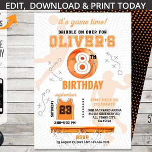 Convite de aniversário esportivo de basquete para meninos de qualquer idade, convite para festa com jogos de bola e atividades para festa. Design de cartão editável. 218HPA 07